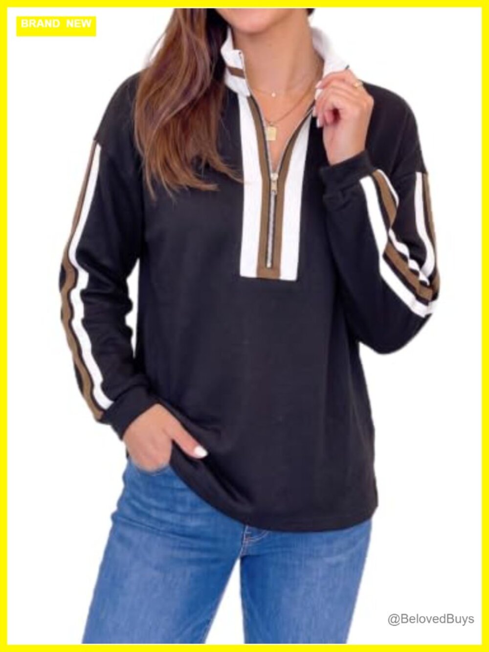 Womens Half Zip Sweatshirt Mock Neck Long Sleeve Pullover Oversized Striped